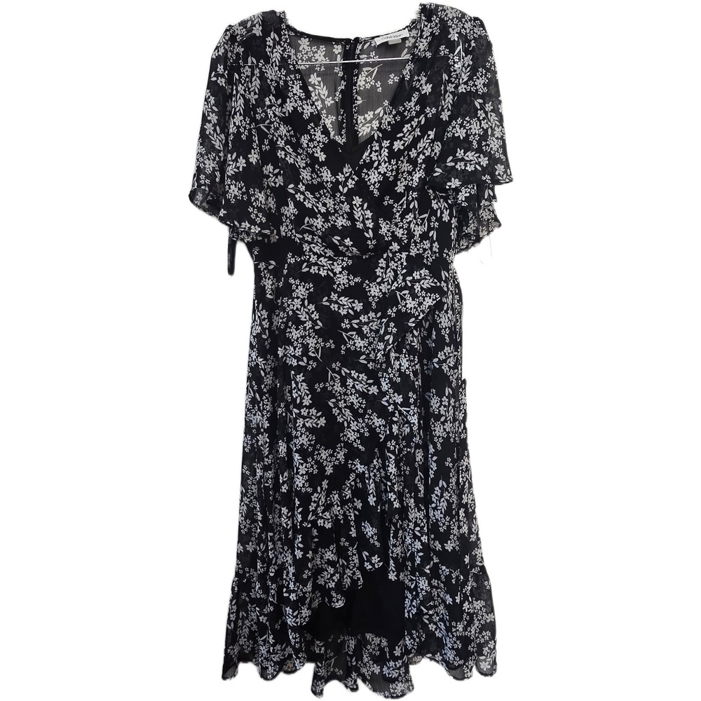 Calvin Klein Floral Flutter Sleeve Faux Wrap Midi Dress Black White Sz 4